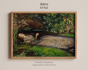 May include: A framed art print featuring a painting of a person floating in a stream surrounded by lush green foliage and flowers. The text NORTH STUDIO ART PRINT appears at the top, and Timeless Elegance, Captured in Every Print at the bottom.