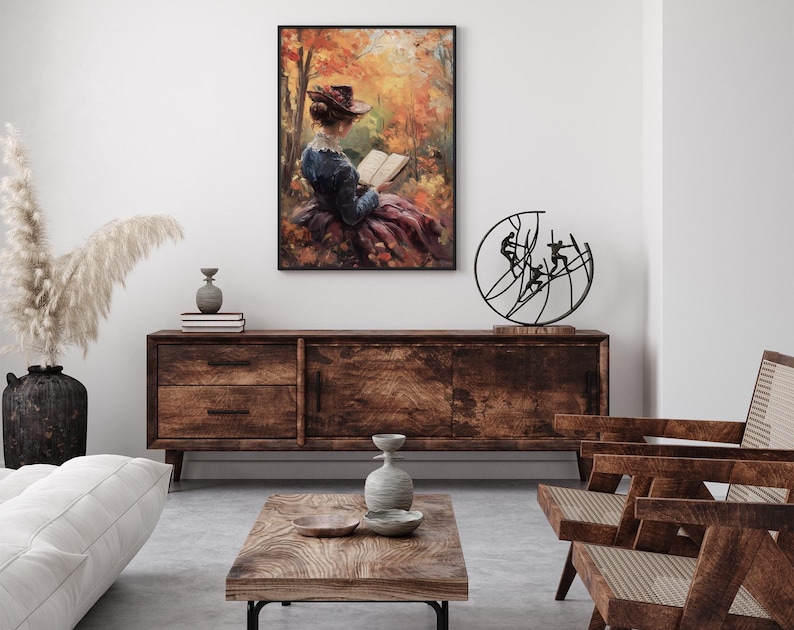Woman Reading Book, Autumn Art, Rustic Fall Art, Farmhouse Decor, Reading Art, Forest Wall Art, Vintage Fall Print image 2