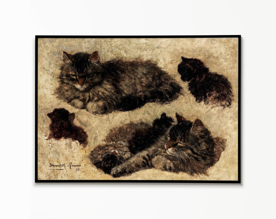 Study of Cat and Kittens Vintage Painting Poster, Poster, Wall Art ...