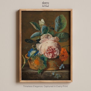 Floral Still Life Wall Art - Vintage Botanical Basket Print by Jan van Huysum, Antique Flower Painting for Elegant Home Decor