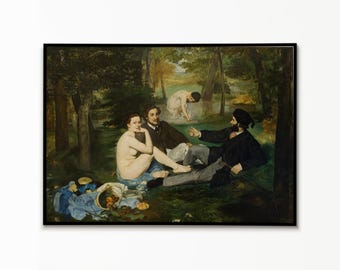 May include: A framed oil painting reproduction of Le Déjeuner sur l'herbe, depicting two men in dark suits and a nude figure sitting on the grass in a wooded area, with a second nude figure bathing in the background and a basket of fruit nearby.