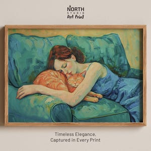 Impression d'art meilleure amie femme chat, peinture esthétique chat, art amoureux des chats, peinture à l'huile chat et femme, chat vintage