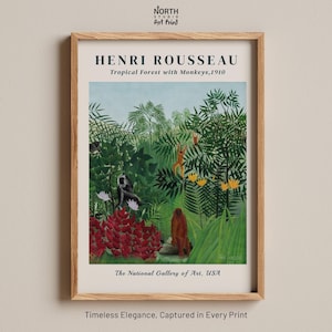 Stampa "Foresta tropicale con scimmie", stampa della giungla di Henri Rousseau del 1910, decorazione murale con fauna selvatica botanica lussureggiante, dipinto naif di animali esotici