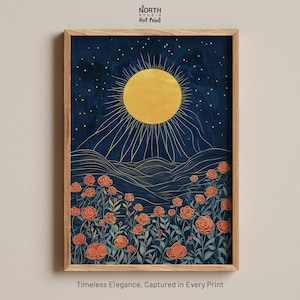 Impresión de luna y rosas, impresión floral celestial dorada, ilustración vintage de cielo nocturno y jardín de rosas, arte mural botánico cósmico