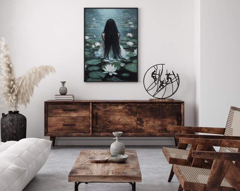 Ophelia mörk gotisk stämningsfullt tryck, mörk akademiskt tryck, mörk estetik, cottagecore-konst, mörk oljemålning, gotisk väggkonst, stämningsfull viktoriansk konst bild 2