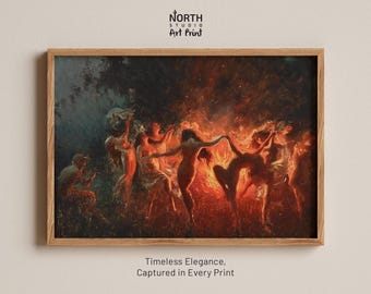 Fire Dance by Joseph Tomanek - Mythical Dark Academia Wall Art, Witchy Nymph Print, Devil's Dance, Mystical Dancing Women Art, Occult Art