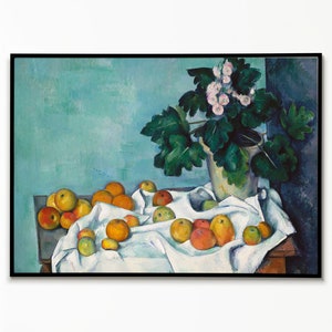 Pôster com pintura de maçãs e prímulas de Cézanne, decoração de parede, reprodução de arte, decoração de parede, impressionismo francês, presente de impressão artística