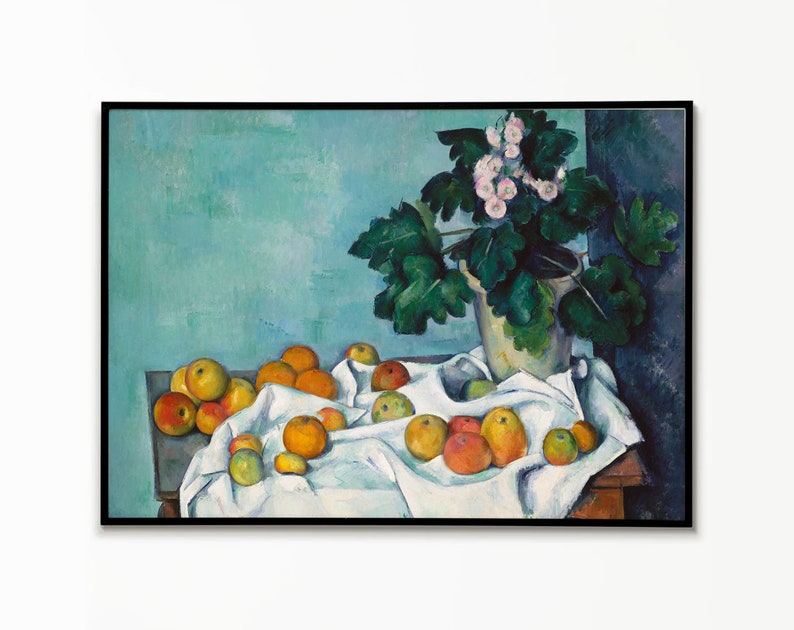 a painting hanging on a wall above a green cabinet