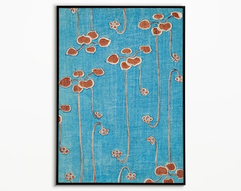 May include: A rectangular wall art print featuring a vibrant turquoise blue background with a repeating pattern of stylized copper-colored botanical elements. The design consists of thin, vertical stems topped with small, rounded leaves and flowers.