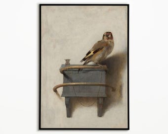 May include: A painting of a small brown and white goldfinch perched atop a rectangular grey wooden box. The box features two curved wooden perches extending from its front, with a thin metal chain draped across the structure.