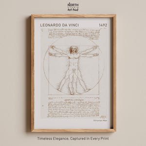 May include: A framed print of Leonardo da Vinci's Vitruvian Man, a detailed sketch of a man within a circle and square. The print is in a light wood frame, with the text "LEONARDO DA VINCI" and "1492" at the top. The words "NORTH STUDIO Art Print" are at the top.