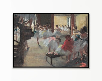 May include: A framed art print depicting a ballet rehearsal scene with multiple dancers in white tutus and one in a red jacket. The dancers are positioned in a studio with a dark spiral staircase on the left and a wooden floor throughout the room.