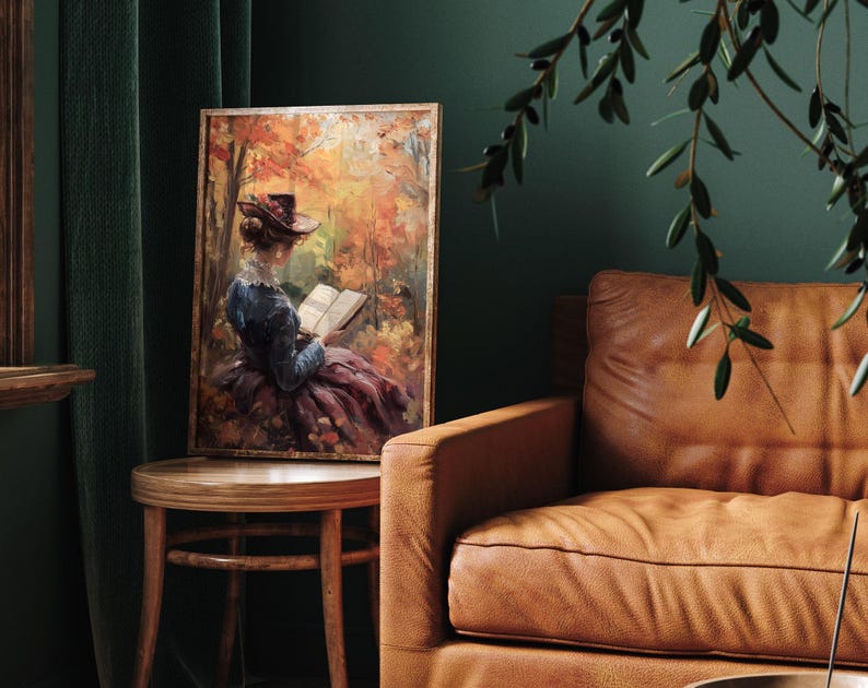 Woman Reading Book, Autumn Art, Rustic Fall Art, Farmhouse Decor, Reading Art, Forest Wall Art, Vintage Fall Print image 4