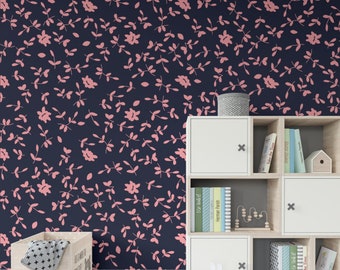 Midnight blossoms Wallpaper,Floral Wall Art,Flower Wallpaper,Removable Wallpaper,Peel and Stick,Chic Home Decor,Pink and Navy,