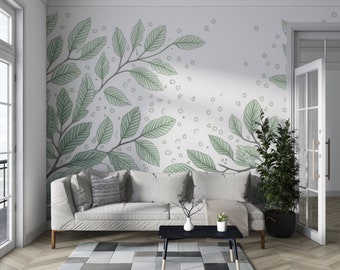 Greenery Home Decor, verwijderbare witte achtergrond met groene bladeren, groene bladeren behang, kunst aan de muur, modern interieur, woonkamer behang