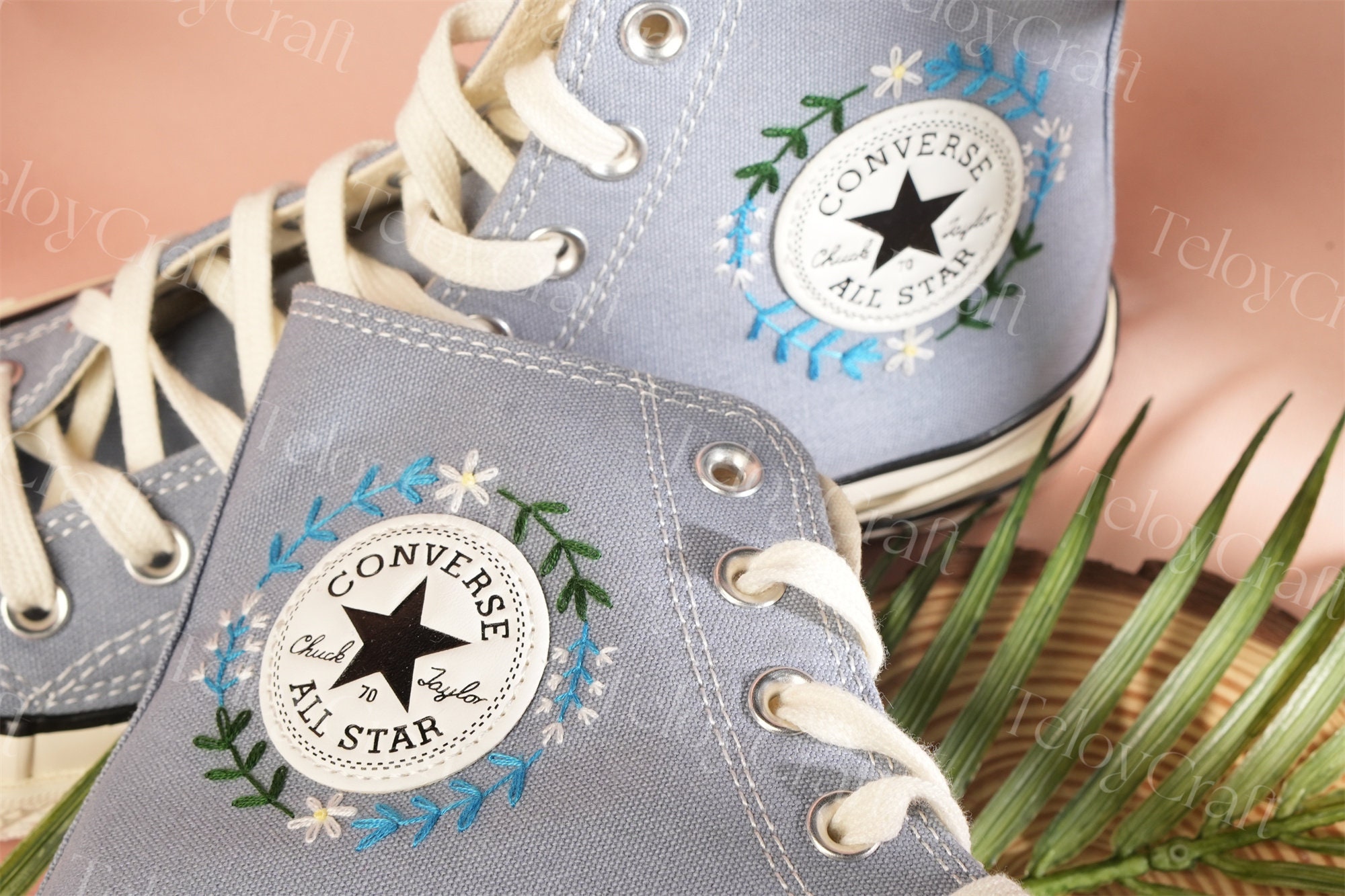 converse light blue with flowers