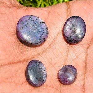 May include: Four purple and black gemstone cabochons of varying sizes. The cabochons are smooth and polished, with a slight sheen.