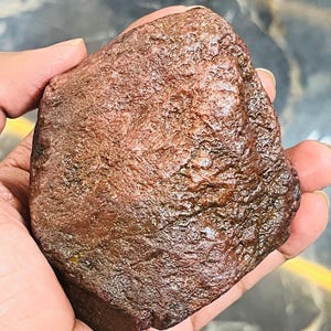 Può includere: Una pietra ruvida marrone-rossastra con una superficie strutturata. La pietra, tenuta in mano, mostra la sua forma irregolare e il suo aspetto naturale. Il colore è una tonalità profonda e terrosa, che suggerisce un campione minerale o geologico.