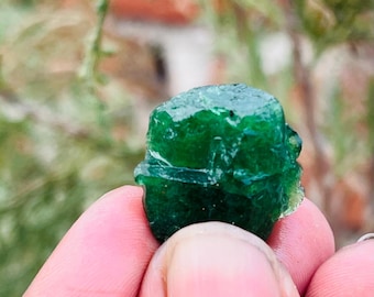May include: A vibrant green emerald crystal with a rough, natural texture. The crystal is a deep, rich green color and has a slightly translucent appearance.