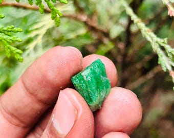 May include: A rough, green emerald gemstone with a natural, irregular shape.