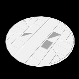 May include: A circular white disc featuring a geometric pattern of recessed lines and angular segments. The surface is composed of multiple flat, white panels arranged in a radial design, creating a textured appearance with subtle shadows.