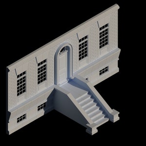 以下が含まれることがあります： ドアと窓のある白いレンガ造りの建物。建物には、ドアに通じる階段があります。