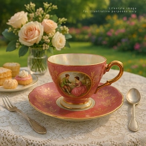 Tasse à thé et soucoupe romantiques en porcelaine de Versailles vintage française. Or Rouge avec nacre en bon état.