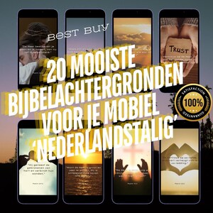 Op de afbeelding: Een collage van 20 telefoonachtergronden met inspirerende Bijbelteksten in het Nederlands. De tekst bevat zinnen zoals "De Heer beschermt je" en "Hij geneest de gebrokenen". De collage is gelabeld "20 Mooiste Bijbelachtergronden Voor Je Mobiel 'Nederlandstalig'" en "100% Tevredenheidsgarantie".