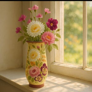 Unique Vintage Hand Painted Vase with Flower Bouquet Motif