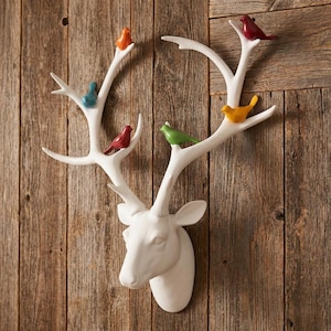 White Deer Head with Coloured Birds