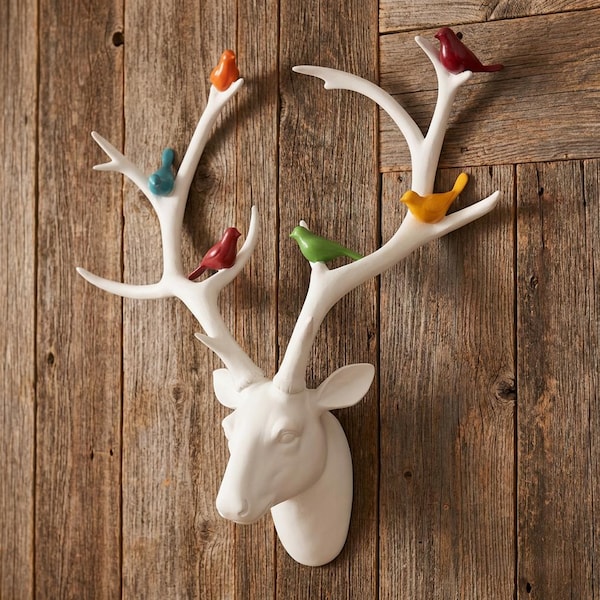 White Deer Head with Coloured Birds