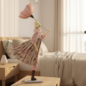 Ririka Windswept Umbrella Lady Lamp | Handmade Wooden Statement Lamp | Greek Artisan Table Lamp