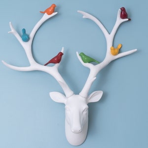 White Deer Head with Coloured Birds