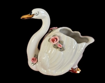 Vintage Irish Dresden Lace Porcelain Swan White With Multicolored
