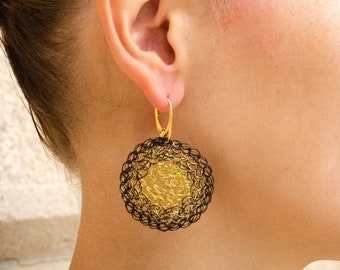 Golden Wire Crochet Earrings, Sterling Silver, Circular Festive Earrings