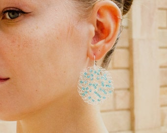 Handwoven Crystal Earrings, 24k Gold Sterling Silver, Circular Festive Jewelry