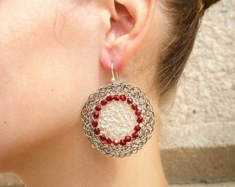 Crochet Sterling Silver Earrings, Woven Metal Thread, Czech Crystals