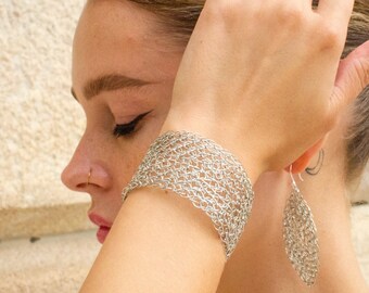 Handmade Sterling Silver Woven Bracelet, Crochet Copper Threads