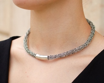 Handwoven Sterling Silver Choker Necklace, Artisan Crochet, Wrap Bracelet
