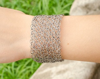 Handmade Sterling Silver Crochet Woven Bracelet, Metallic Thread