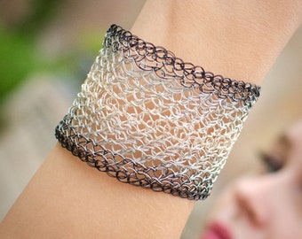 Handmade Sterling Silver Crochet Cuff Bracelet, Anodized Copper Wire