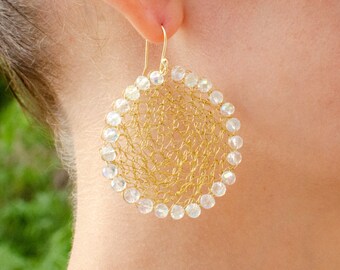 Gold Crochet Earrings, Czech Crystals, Handwoven Artisan Jewelry