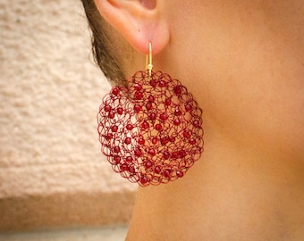 Red Crochet Statement Earrings, Crystal Woven Metal Thread, Gold Plated Silver