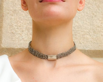 Handwoven Sterling Silver Choker Necklace, Elegant Crochet Design