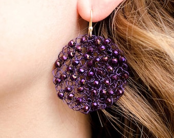 Purple Crochet Earrings, Woven Wire Crystal Dangle, Gold-Plated Silver