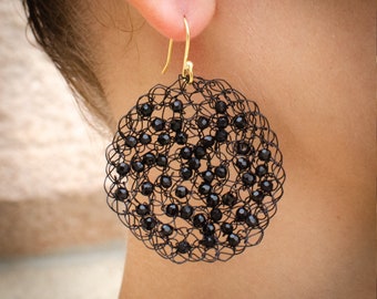 Black Crochet Earrings, Metallic Thread & Crystal, Gold Plated