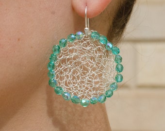 Crochet Sterling Silver Earrings, Czech Crystal Shimmer, Artisan Jewelry