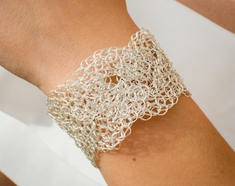 Sterling Silver Crochet Cuff Bracelet, Braided Wedding Jewelry