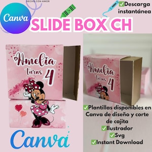 以下が含まれることがあります： ミニーマウスのデザインが施されたピンクと白のスライドボックス。ボックスはハート、水玉模様、そして「アメリアは4歳」というテキストで飾られています。