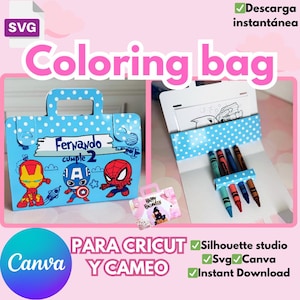 Template para Coloring bag forma de maletín fácil agarre, formato SVG para Cricut, Silhouette studio para Cameo y plantilla en CANVA edicion